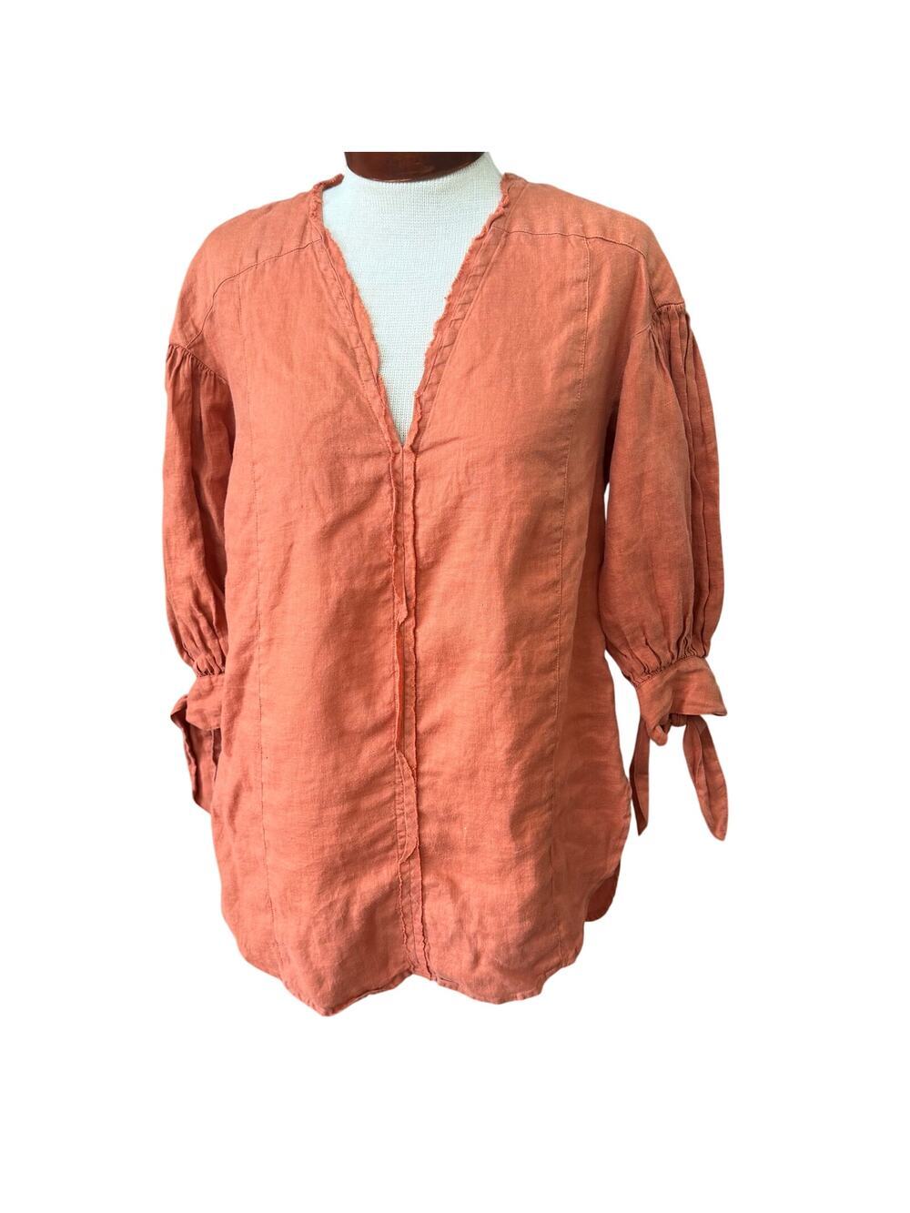 Holding Horses Linen Top Size XS Rust Terra Cotta Tie Sleeve Raw Edging